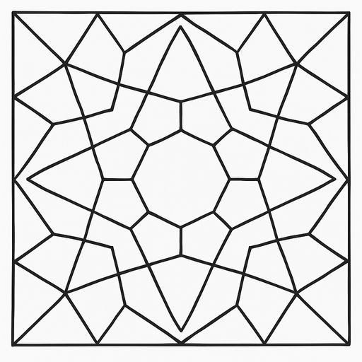 Black-and-white line-art coloring page for kids: a complex pattern made of repeating geometric shapes, including triangles, quadrilaterals, and hexagons, simple bold contours, no shading, white background.
