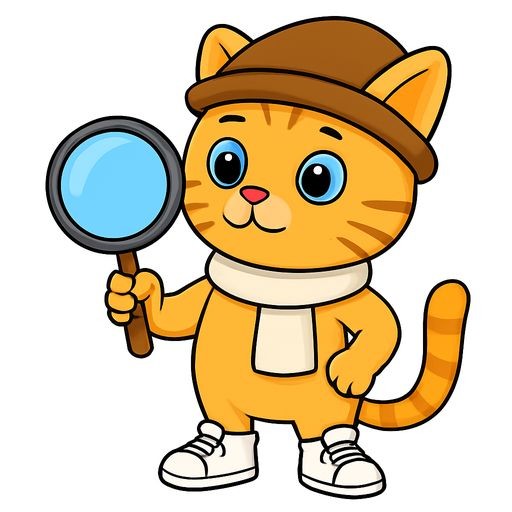 Black-and-white line-art coloring page for kids: A smart cat wearing a scarf and a hat, holding a magnifying glass. The scarf has the text 'не_вымытая посуда', the hat has 'не_крашеный пол', the magnifying glass has 'не_замеченная ошибка'. Simple bold contours, no shading.