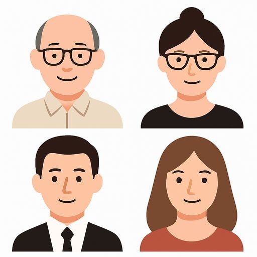 A 2x2 grid of four distinct family member portraits, flat vector style, white background. Top-left: an elderly man with gray hair and glasses. Top-right: an elderly woman with hair in a bun and glasses. Bottom-left: a man wearing a formal business shirt with a collar. Bottom-right: a woman with long flowing hair. Each quadrant contains one character with a small text label in English: 'Grandfather', 'Grandmother', 'Father', 'Mother' respectively.