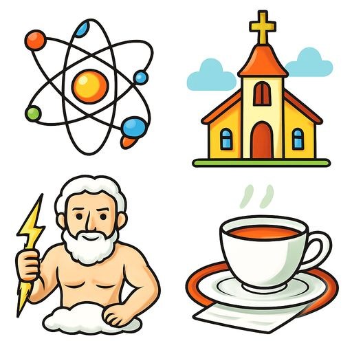 A 2x2 grid of four images: top-left a complex scientific diagram of an atom and DNA; top-right a church with a golden cross against the sky; bottom-left a marble statue of Zeus holding lightning; bottom-right a cup of tea and a newspaper on a wooden table.