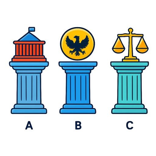 A professional infographic diagram showing three pillars labeled in Russian: «Законодательная», «Исполнительная», «Судебная». Each pillar has a representative icon: a parliament building, a government seal, and scales of justice. Clean, modern vector style with Russian text.