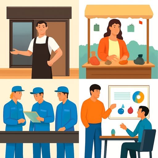 A 2x2 grid of four distinct scenes, flat vector style, realistic colors. A: A young man opening his own coffee shop with a sign 'Artem's Coffee'. B: A woman selling handmade pottery at a local market. C: A group of factory workers in uniforms standing at a conveyor belt following a strict manual. D: A startup team brainstorming in a modern office with charts. No text inside images.