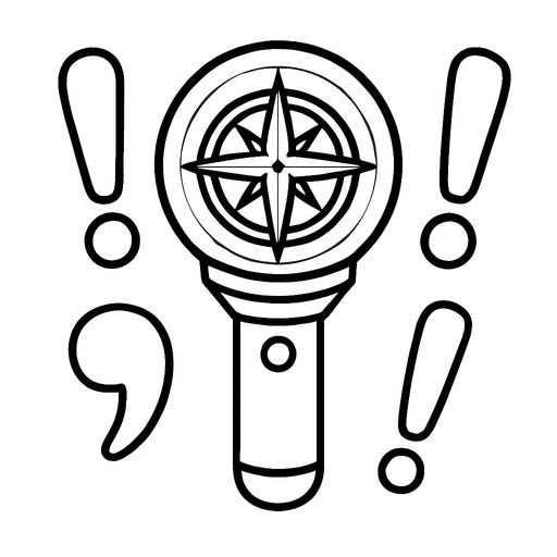 Black-and-white line-art coloring page for kids: a K-pop lightstick with a compass design inside the globe, surrounded by large floating commas and exclamation marks, simple bold contours, no shading, white background.