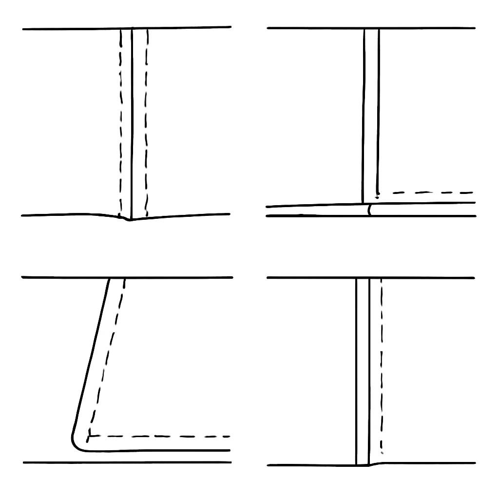 A 2x2 grid showing four types of sewing machine seams in a technical line-art style. Top-left: a plain seam (two fabric layers joined by a straight stitch line and pressed open with raw edges visible). Top-right: a hem seam with a closed edge (the fabric edge is folded twice and secured with a stitch through all layers). Bottom-left: a lapped seam (one fabric with a folded edge is placed over another flat fabric and top-stitched). Bottom-right: a French seam (a double-stitched join where the raw edges are completely hidden inside). Clean black outlines, white background, no text, no labels.