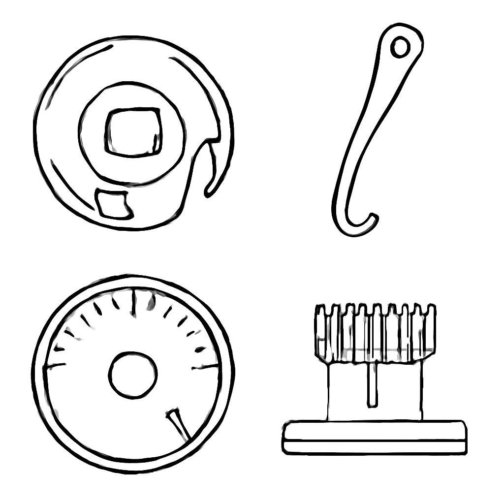 A 2x2 grid of four technical sewing machine parts: top-left is a metal bobbin case (shuttle part); top-right is a thread take-up lever (the metal arm that moves up and down); bottom-left is a stitch length regulator dial with numbered scale; bottom-right is a metal feed dog (the serrated teeth under the needle plate). Technical line-art style, simple bold contours, flat vector, plain white background, no text.