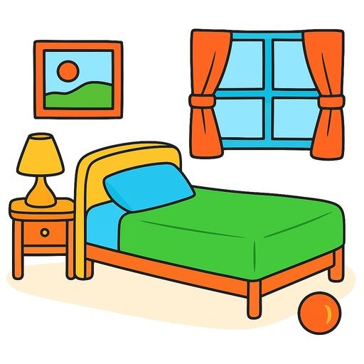 A simple flat vector illustration for kids showing a child's bedroom. There is one big green bed and one small red ball on the floor. Bright colors, clear outlines, white background, no text.