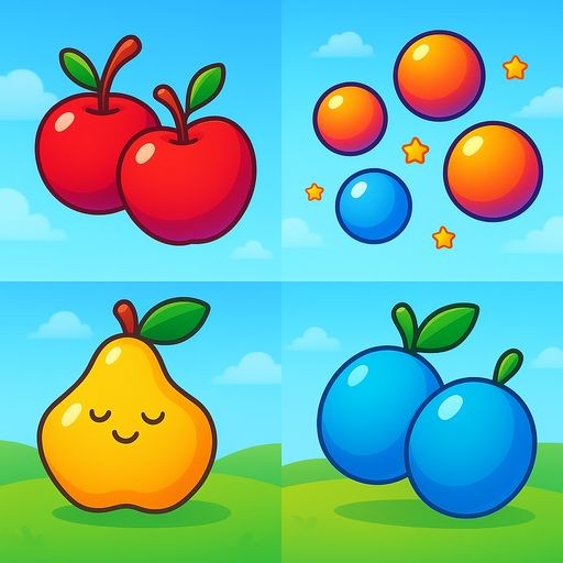 A 2x2 grid of four cartoon illustrations for kids. A: three space apples with tiny antennas; B: five glowing cosmic balls; C: one star-shaped pear; D: two blue moon-berries. High quality, colorful, vector art, white background, no text.