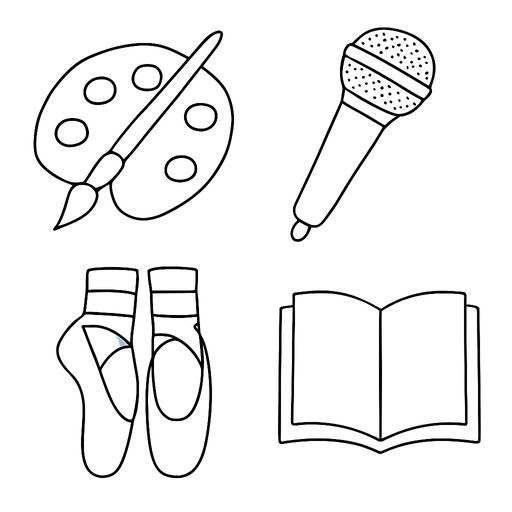 A 2x2 grid of four distinct objects for hobbies, black and white line-art: a paintbrush and palette, a microphone, a pair of ballet shoes, an open book. Simple contours, no shading, white background.