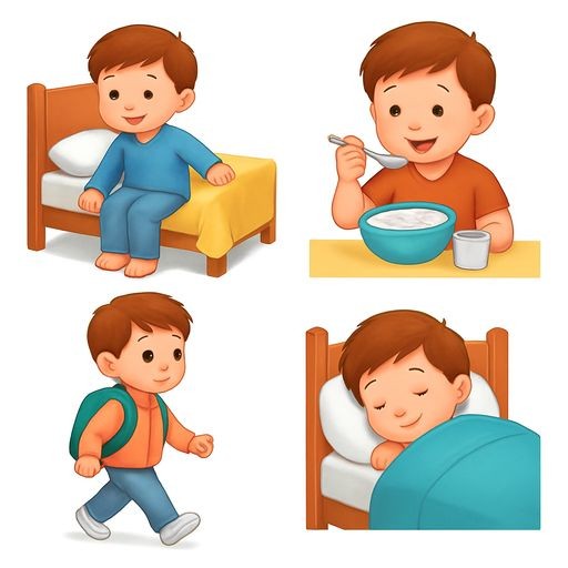 A 2x2 grid of four distinct objects showing daily routine: top-left a child getting out of bed, top-right a child eating cereal, bottom-left a child walking with a school bag, bottom-right a child sleeping in bed. Realistic 3D style, bright colors, no text.