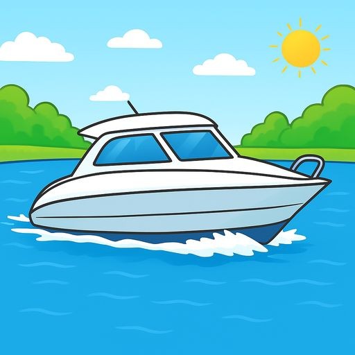 A realistic photograph of a modern white motorboat cruising on a wide blue river, creating small white waves, lush green trees on the banks, sunny day.