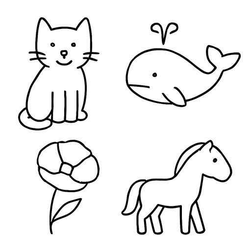 A 2x2 grid of four distinct objects: a simple cat (top-left), a whale (top-right), a ball of yarn (bottom-left), and a key (bottom-right). Black and white line-art, flat vector style, plain white background, no text.