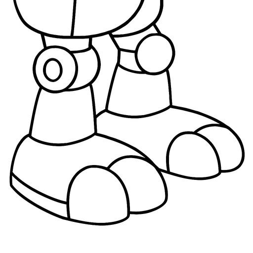 Black-and-white line-art coloring page for kids: close up of a robot's feet and toes, simple bold contours, no shading.