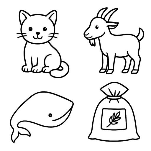 A 2x2 grid of four distinct objects for a children's worksheet: top-left is a cute cat, top-right is a goat, bottom-left is a closed book, bottom-right is a toy doll. Flat vector style, bold simple lines, white background, no text.