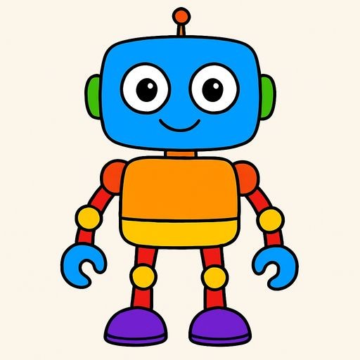 Black-and-white line-art coloring page for kids: a friendly robot named Robbie standing straight, simple bold contours, no shading, showing shoulders and knees clearly.