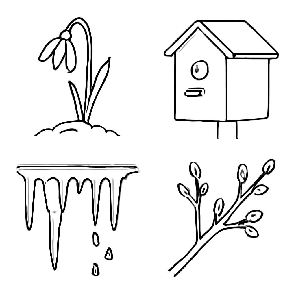 a 2x2 grid of four distinct objects, one object per equal cell, flat vector style, plain white background, no text. Top-left quadrant: a single white snowdrop flower growing from the soil. Top-right quadrant: a simple wooden birdhouse (nesting box) for birds. Bottom-left quadrant: transparent icicles hanging from a roof edge with melting water droplets. Bottom-right quadrant: a close-up of a tree branch with small green buds just beginning to swell.
