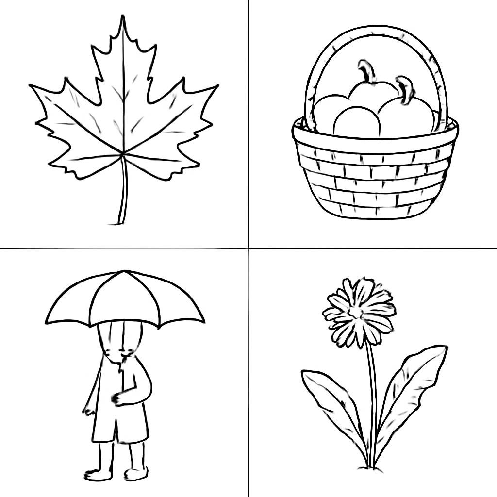 A 2x2 grid of four distinct objects, one object per equal cell, flat vector style, plain white background, no text. Top-left: a bright orange maple leaf. Top-right: a basket filled with ripe red apples. Bottom-left: a person in a raincoat and boots under an umbrella. Bottom-right: a small green sprout with a bright yellow dandelion flower.