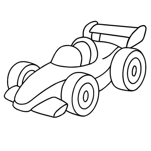 Black-and-white line-art coloring page for kids: a sleek racing car with large wheels and a visible driver seat, simple bold contours, no shading, suitable for crayons.