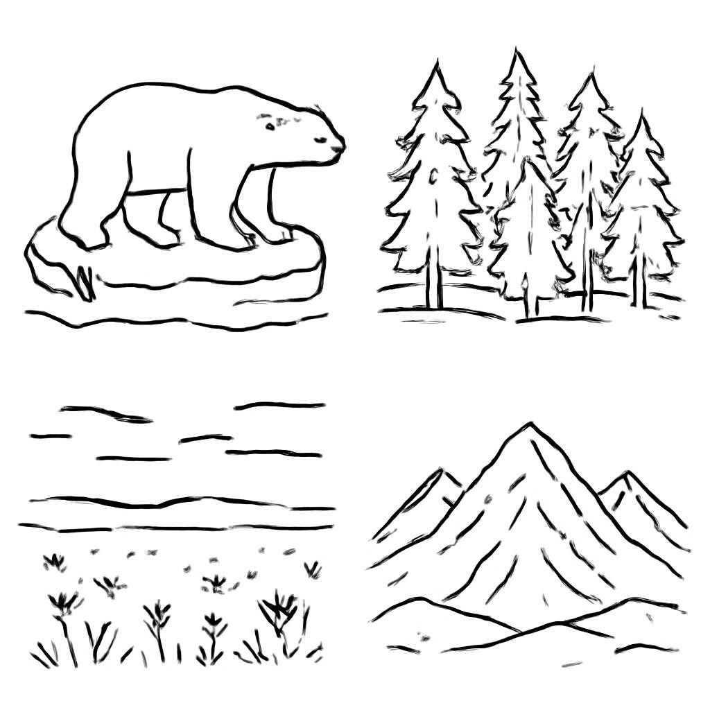 A 2x2 grid of four distinct landscapes of Russia, one object per equal cell, flat vector line-art style, plain white background, no text. Top-left: a polar bear on an ice floe (Arctic). Top-right: a dense coniferous forest with tall pine trees (Taiga). Bottom-left: a vast flat grassy plain with wildflowers (Steppe). Bottom-right: high rocky mountain peaks with snow on top (Mountains).