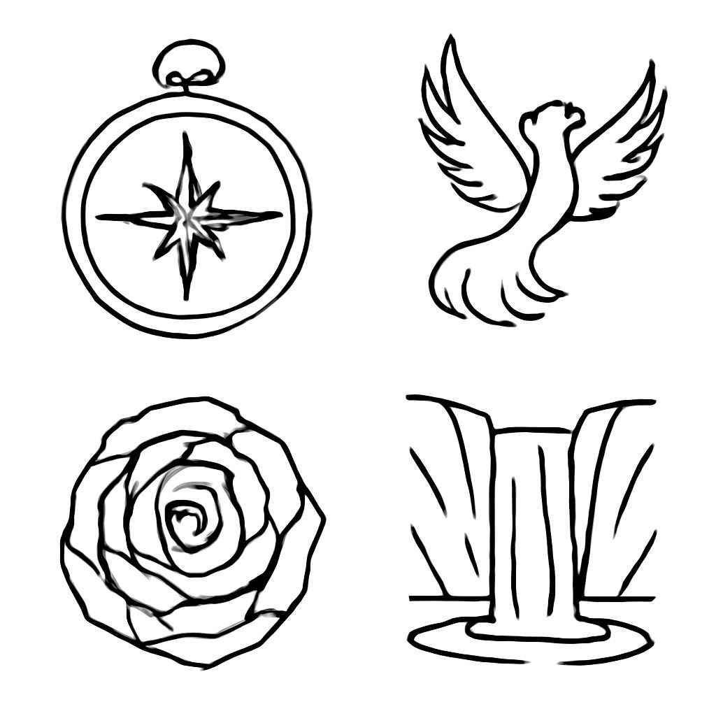 A 2x2 grid of four distinct objects: top-left a compass (south-west), top-right a firebird (mythical), bottom-left a rolling bush (tumbleweed), bottom-right a waterfall. Flat vector style, no text.